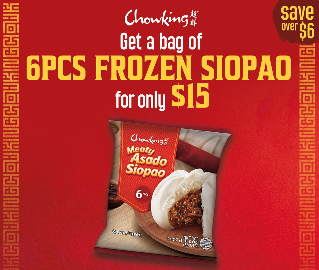 Advertisement for Chowking 6pcs Frozen Siopao on a red background with promotional text.