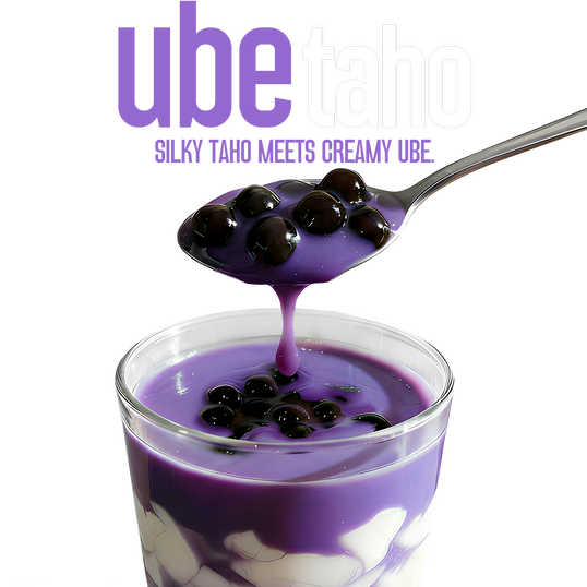 Glass of purple dessert with black tapioca pearls and a spoonful above, labeled 'ube taho'.