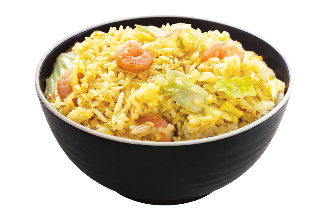 A black bowl filled with shrimp chao fan fried rice mixed with eggs, cabbage, and whole shrimp against a plain black background