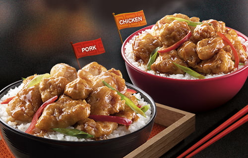 Sweet and Sour Pork & Chicken Rice Bowls